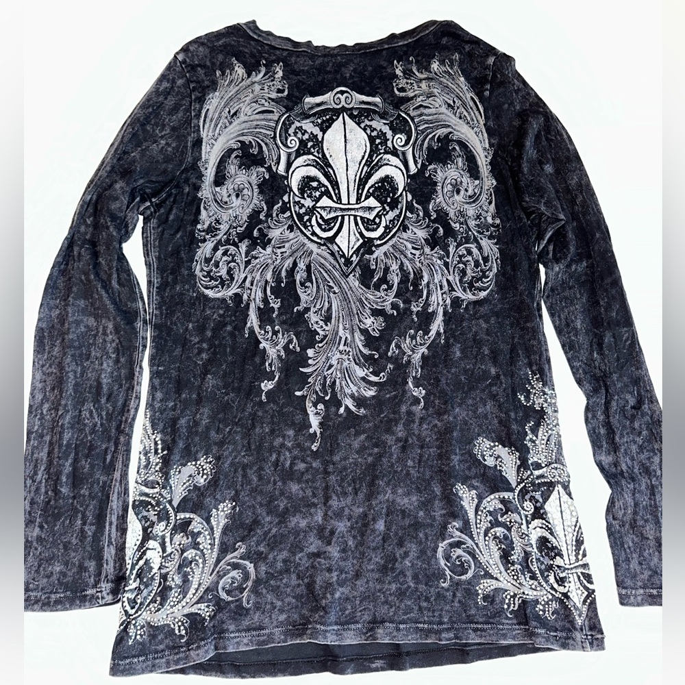 Vocal Women’s Long Sleeve Top Black Gray Fleur De Lis Embellished Made in USA - Picture 8 of 9
